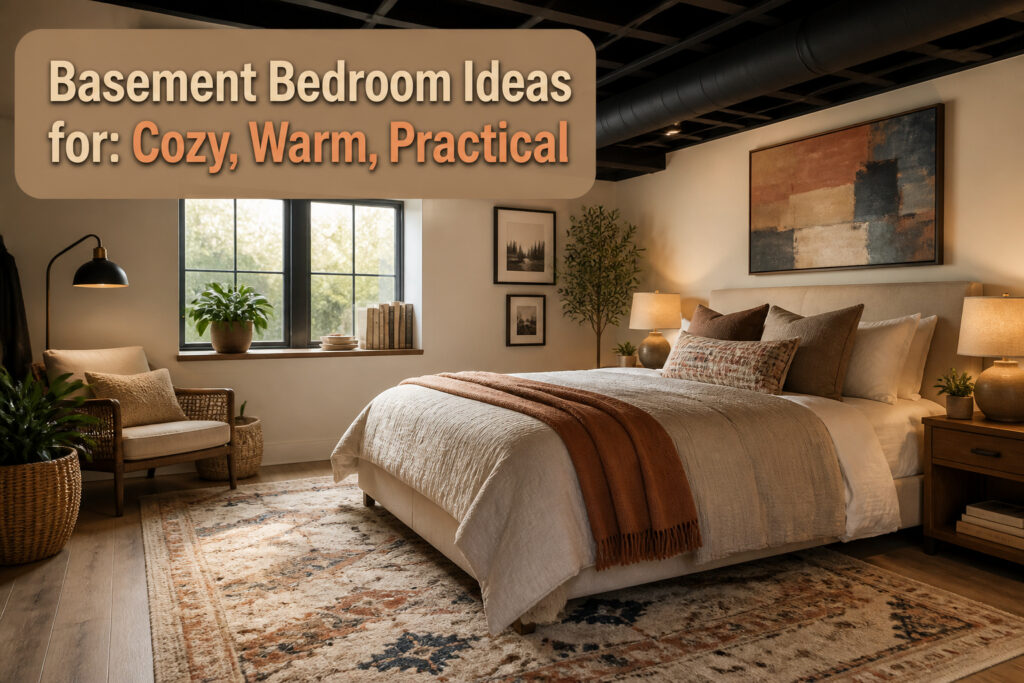 Cozy basement bedroom with warm wood tones and layered bedding.