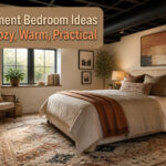 Cozy basement bedroom with warm wood tones and layered bedding.
