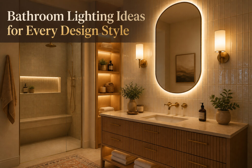 A contemporary bathroom with different lighting designs.