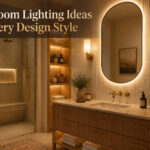 A contemporary bathroom with different lighting designs.
