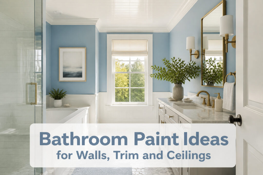 A collage of different bathroom paint colors and styles.