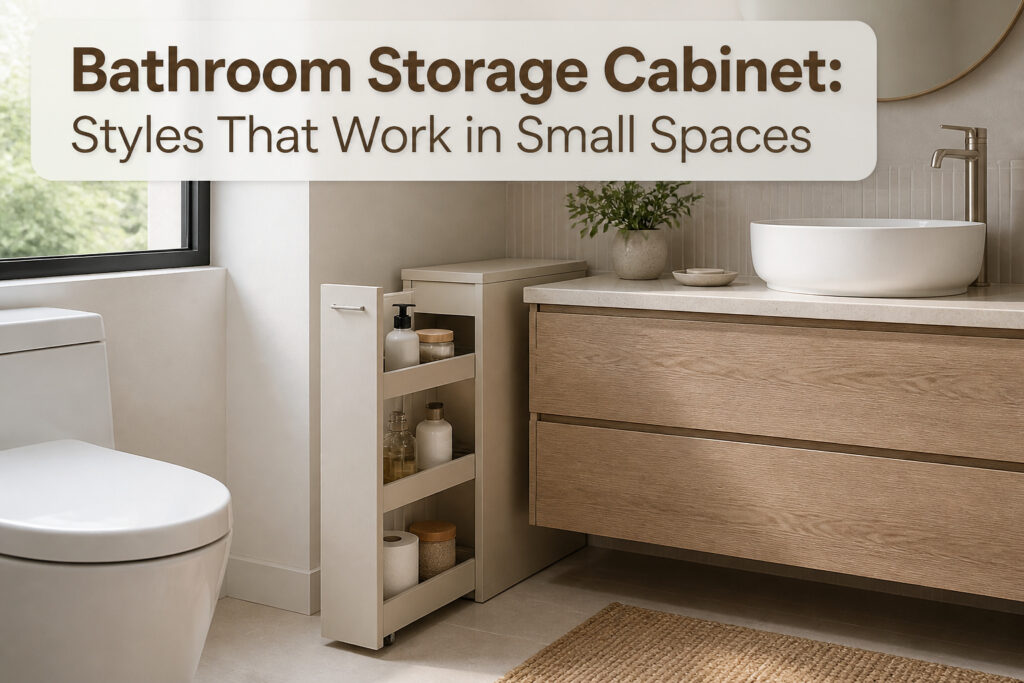 Different styles of bathroom storage cabinets in a small space setting.