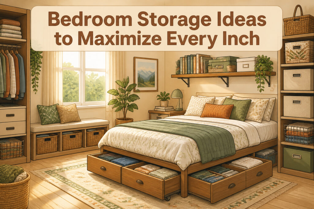 A cozy bedroom featuring various storage solutions like bins and shelves.