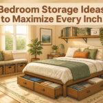 A cozy bedroom featuring various storage solutions like bins and shelves.