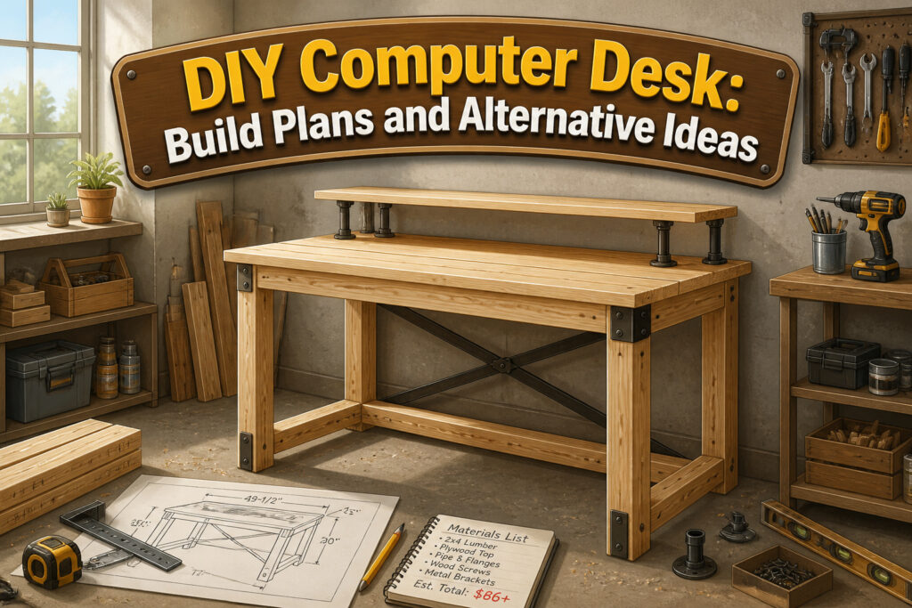 A wooden computer desk with a simple design and minimalist style.