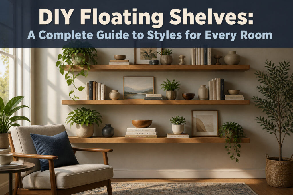 Floating shelf with decorative items in a warm living room setting.