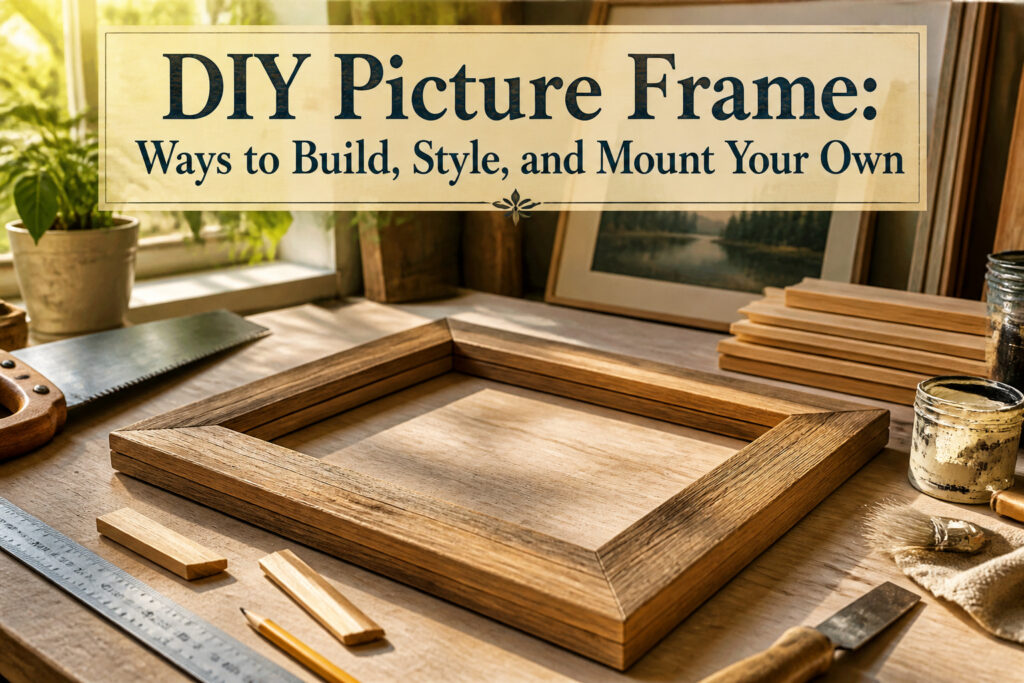 A workspace with tools and materials for building a picture frame.