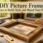 A workspace with tools and materials for building a picture frame.