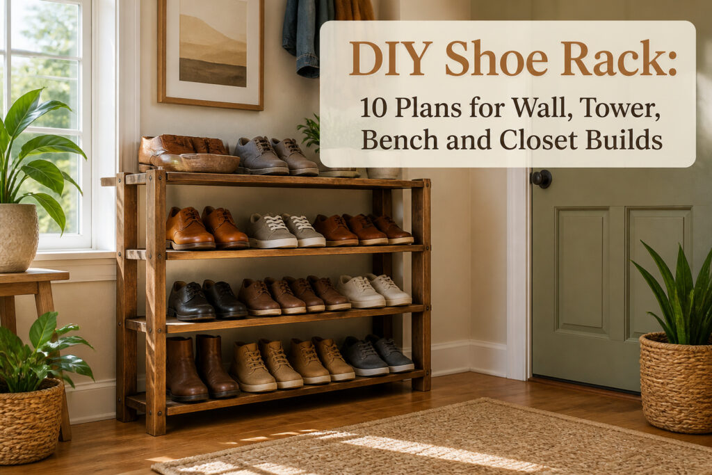Multiple DIY shoe rack designs arranged in an entryway.