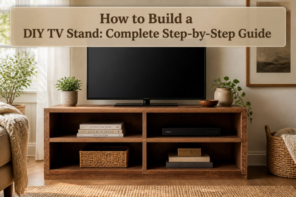 A finished DIY TV stand displayed in a living room.
