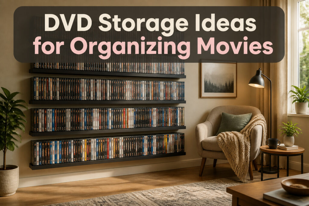 A variety of DVD storage ideas displayed, including shelves and boxes.