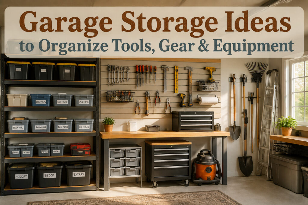 Different garage storage ideas including shelves, hooks, and bins.