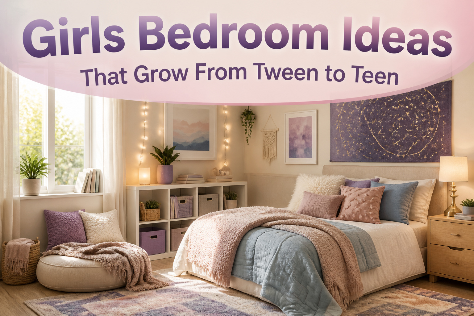 A stylish girls' bedroom with neutral colors and warm decor.