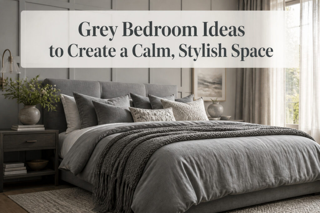 Serene grey bedroom with soft textures and elegant decor.