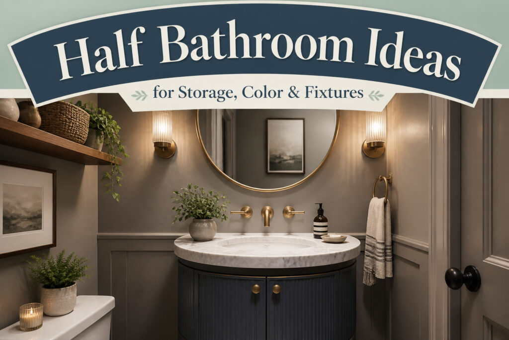 Half bathroom with a compact vanity and elegant fixtures.