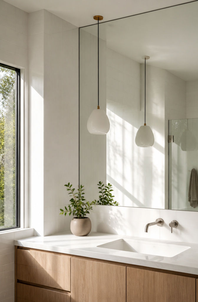 15 Bathroom Mirror Ideas for 2026 – Types, Styles & Trends 1 Frameless mirror mounted on a wall in a minimalist bathroom.