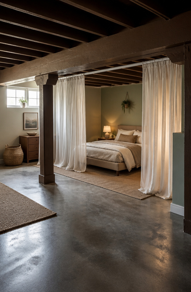 20 Basement Bedroom Ideas for 2026: Cozy, Warm, Practical 1 Basement bedroom with ceiling-mounted curtain tracks and soft fabric panels.