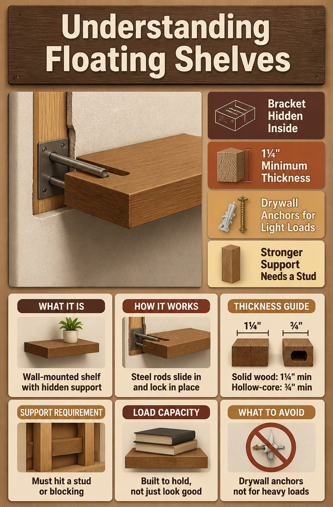 DIY Floating Shelves: A Complete Guide to 5 Styles for Every Room 1 Graphic showing the structure of a floating shelf with hidden brackets.