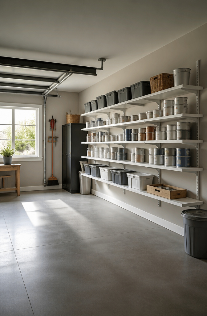 Wall-mounted shelves installed above a workbench in a garage.
