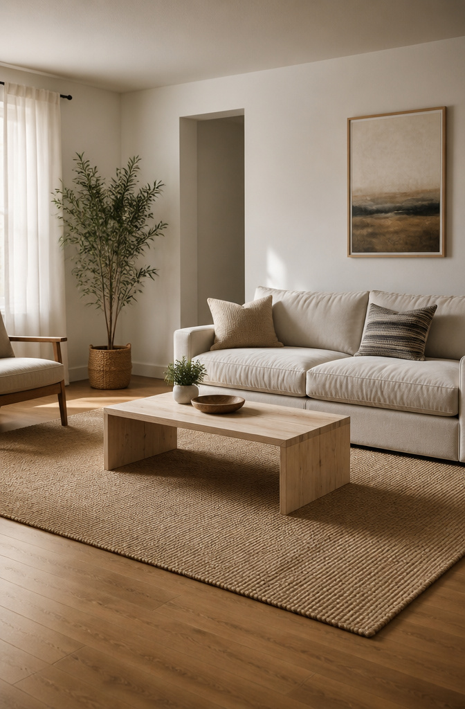 A coffee table measuring 46 inches by 23 inches in a styled room.