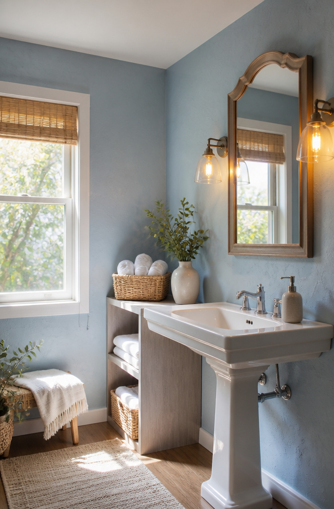 A bathroom with Morning Sky Blue walls and white porcelain fixtures.