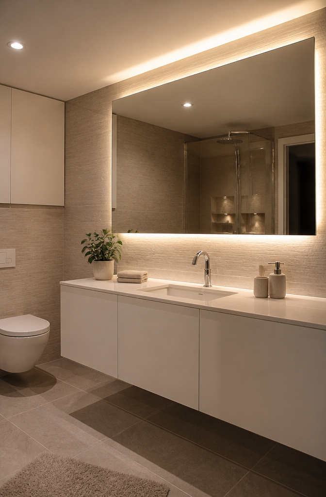 7 Bathroom Lighting Ideas for Every Design Style (2026) 1 LED light strips mounted behind a frameless mirror.