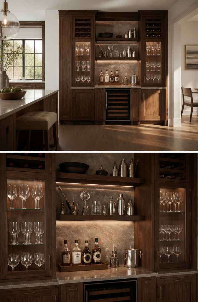 A built-in kitchen bar with wine cooler and matching cabinetry.