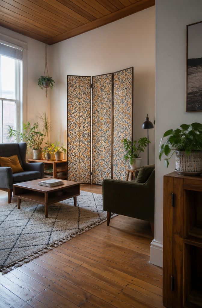14 DIY Room Divider Ideas: Projects From Wallpaper to Wire 1 A wallpapered MDF screen displaying a decorative pattern.