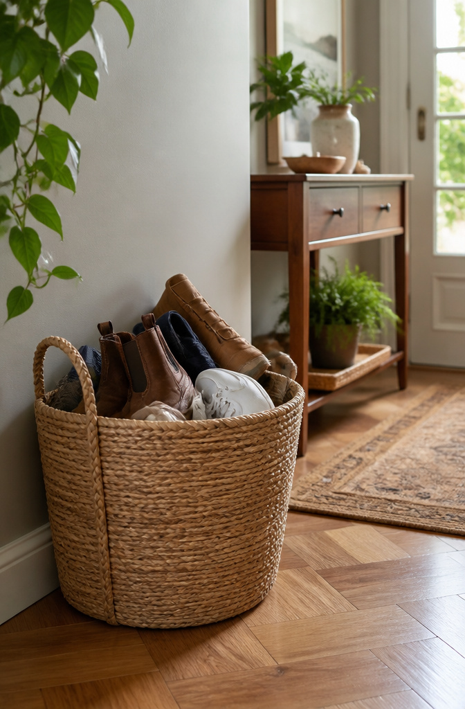 A braided basket with shoes spilling out, set against a light gray wall.