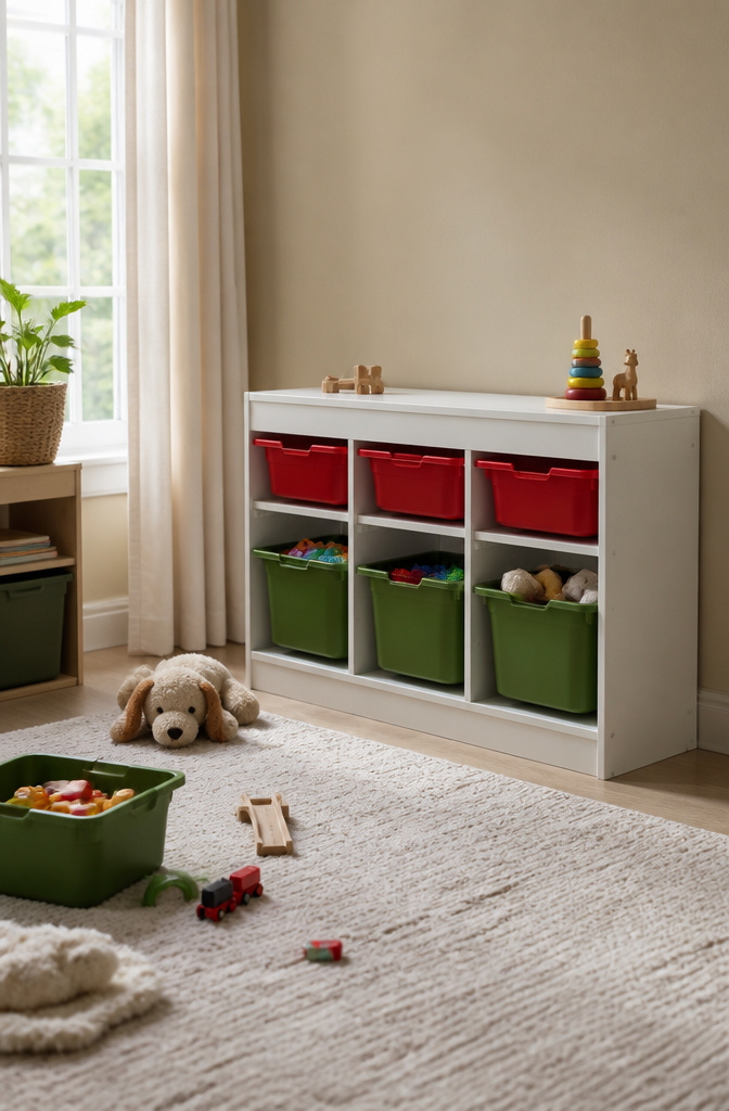 10 Toy Storage Ideas for Every Room (2026 Ideas That Work) 1 IKEA Trofast Storage with red and green bins against a beige wall.