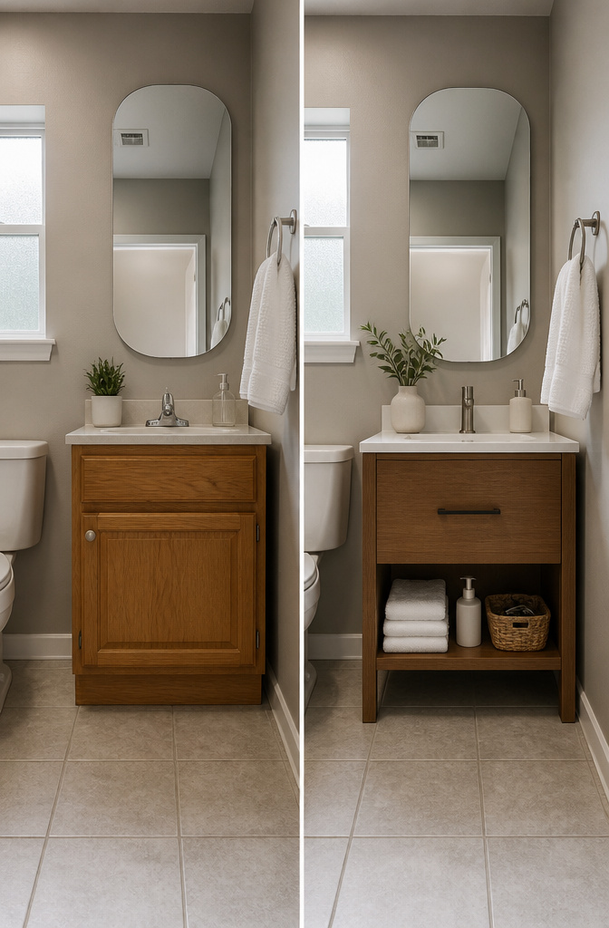 7 Half Bathroom Ideas for Storage, Color & Fixtures in 2026 1 24-inch compact vanity in a small half bathroom.