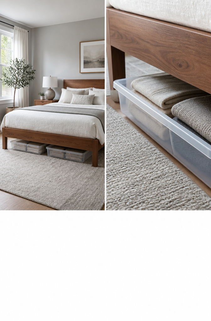 Storage bins placed under a bed frame for maximizing space.