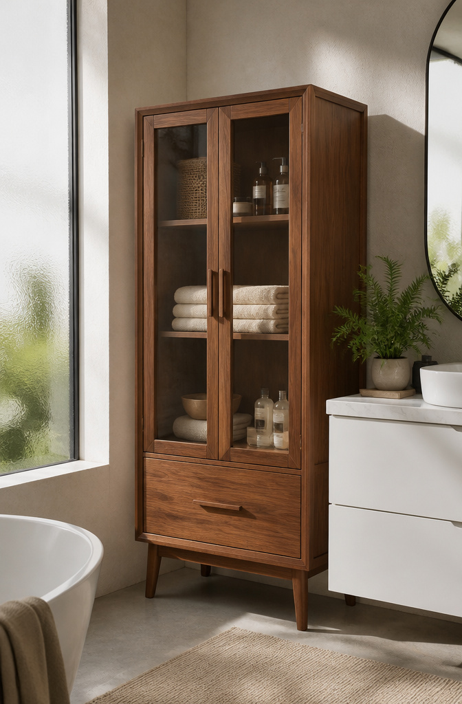 Bathroom Storage Cabinet: 7 Styles That Work in Small Spaces 1 West Elm Mid-Century Pharmacy Cabinet with glass doors and wooden frame.