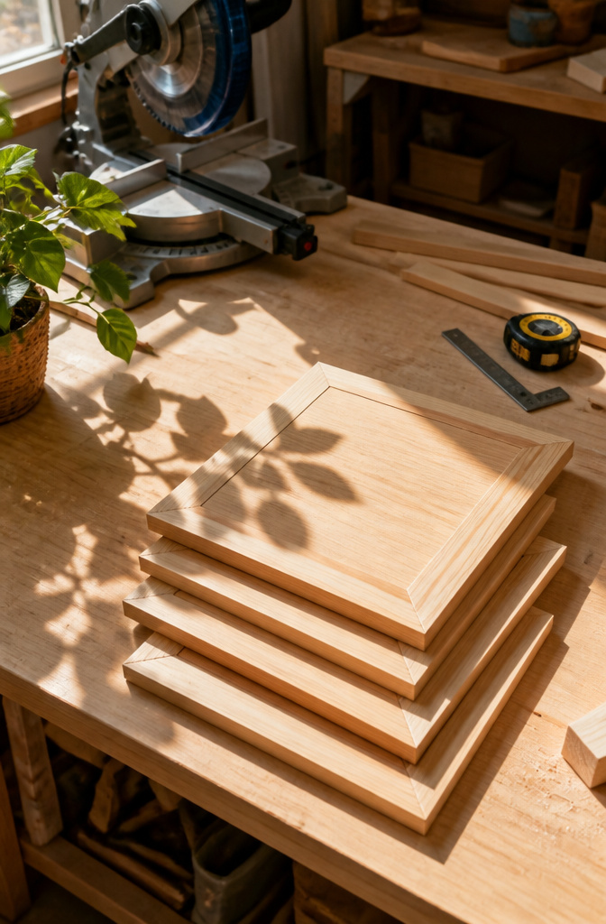 DIY Picture Frame: 3 Ways to Build, Style, and Mount Your Own 1 Cut wooden boards measuring 11 by 14 inches resting on a workbench.