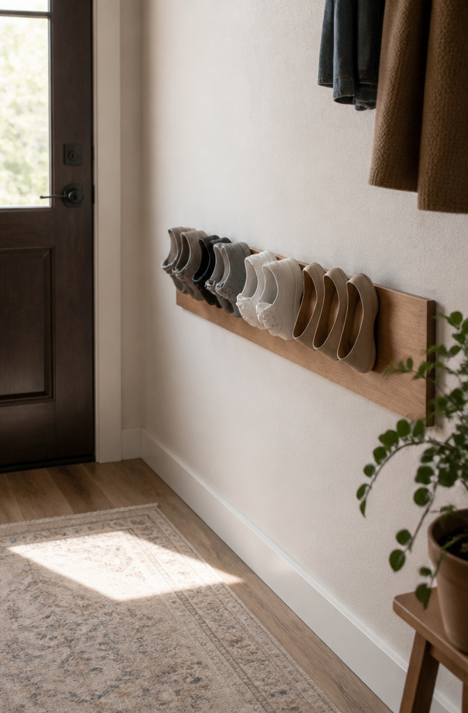 DIY Shoe Rack: 10 Plans for Wall, Tower, Bench and Closet Builds 1 A narrow wall-mounted shoe rack made from a single board.