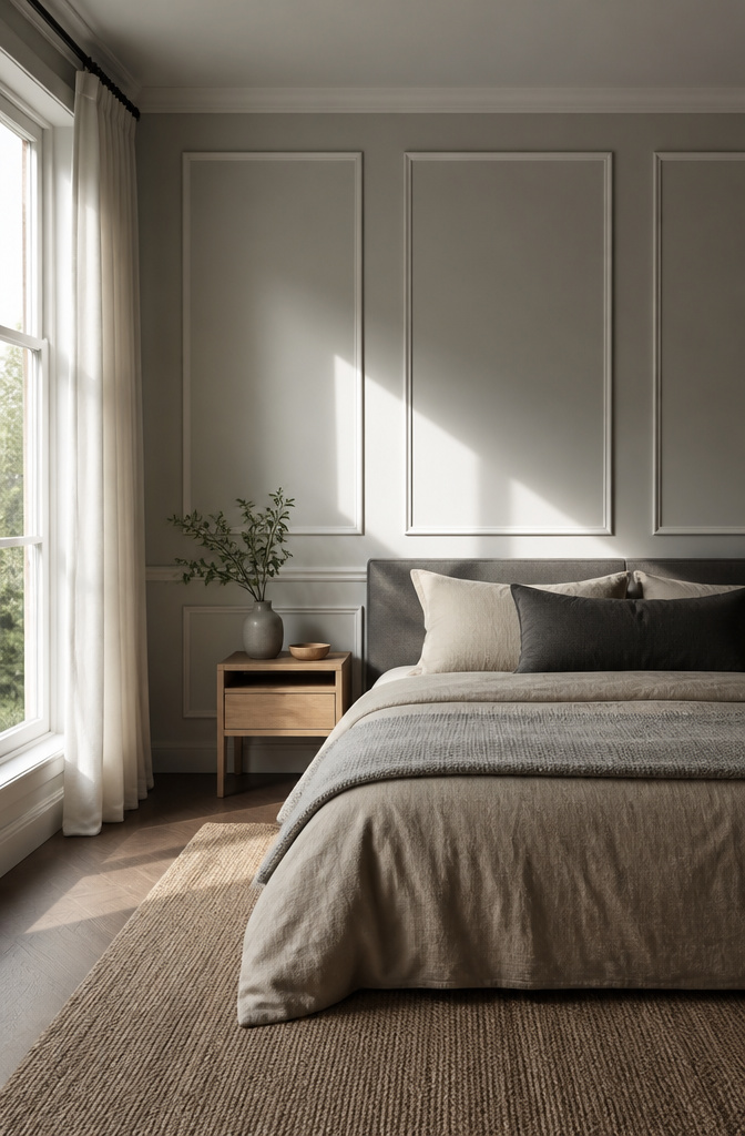 Flat grey wall with elegant framed panels and natural light.