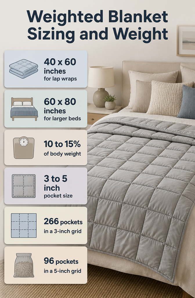 How to Make a DIY Weighted Blanket: 8 Steps for 2026 1 A chart showing dimensions for weighted blankets, including single and larger bed sizes.