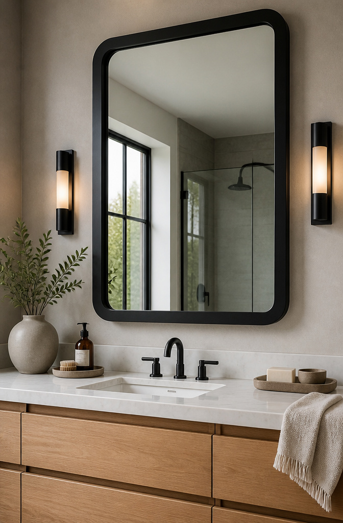 15 Bathroom Mirror Ideas for 2026 – Types, Styles & Trends 10 Thick framed mirror with a bold design in a stylish bathroom.