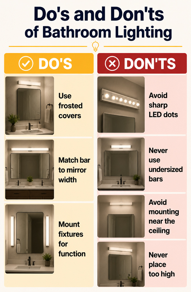 7 Bathroom Lighting Ideas for Every Design Style (2026) 10 A graphic illustrating do's and don'ts of bathroom lighting.