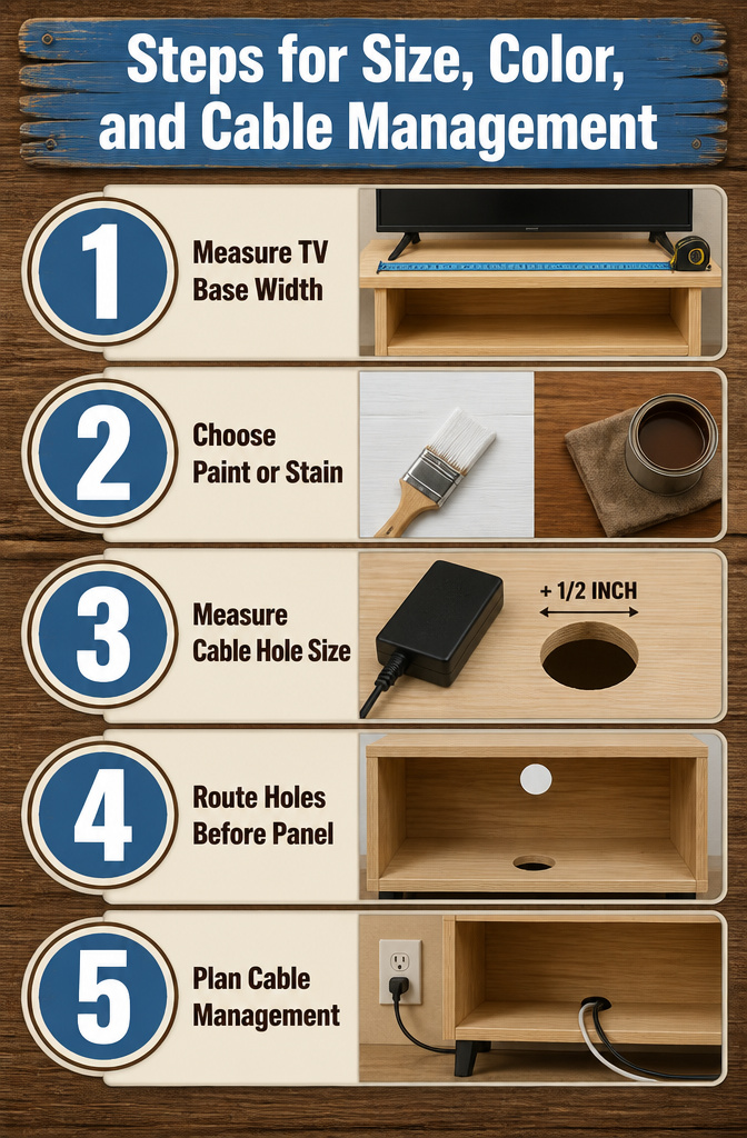A diagram showing steps for size, color, and cable management.