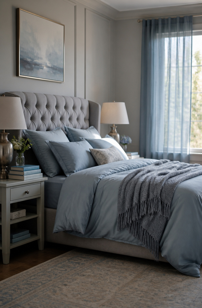 Bedroom featuring soft blue accents against sage grey walls.