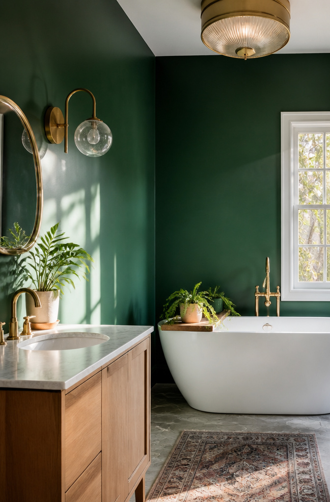 A bathroom featuring emerald green walls and brass fixtures.