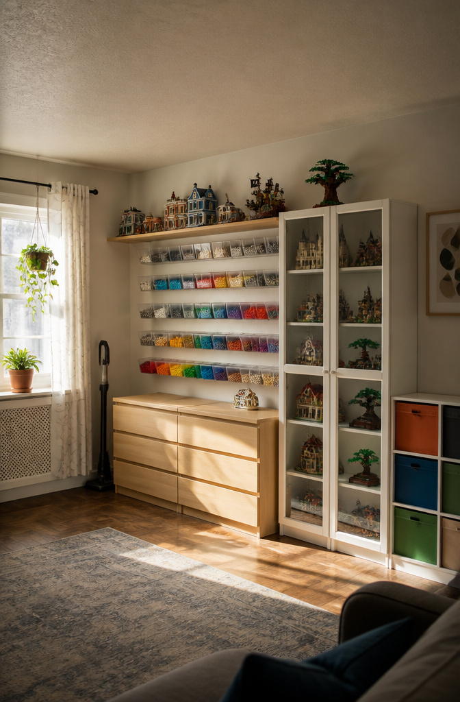Wall-mounted shelves filled with LEGO sets and storage bins.