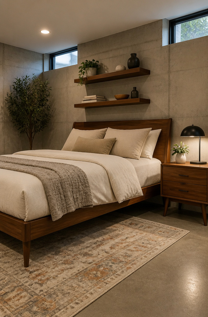 20 Basement Bedroom Ideas for 2026: Cozy, Warm, Practical 10 Cozy basement bedroom with mid-century walnut furniture.