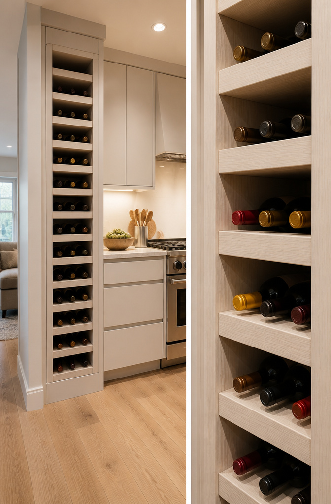 Built-in wine rack installed in a kitchen cabinet.