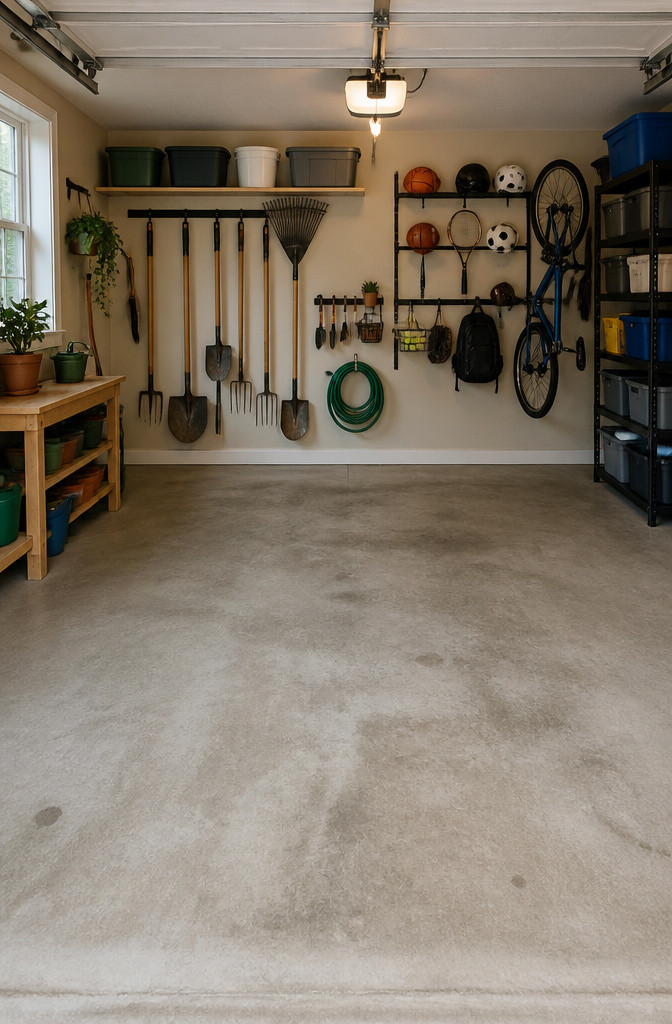 Different zones in a garage for various types of equipment.
