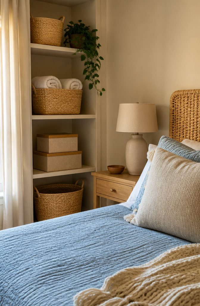 Woven baskets and lidded boxes used for decorative storage.