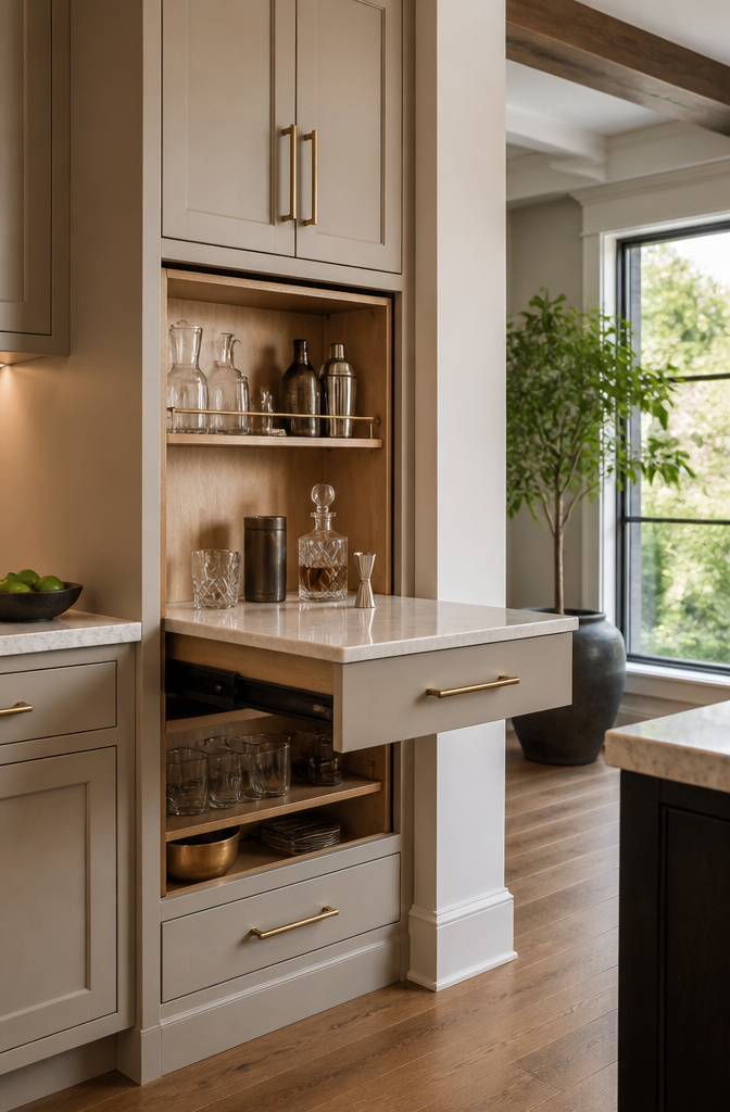 A pull-out kitchen bar extending from a stylish cabinet.