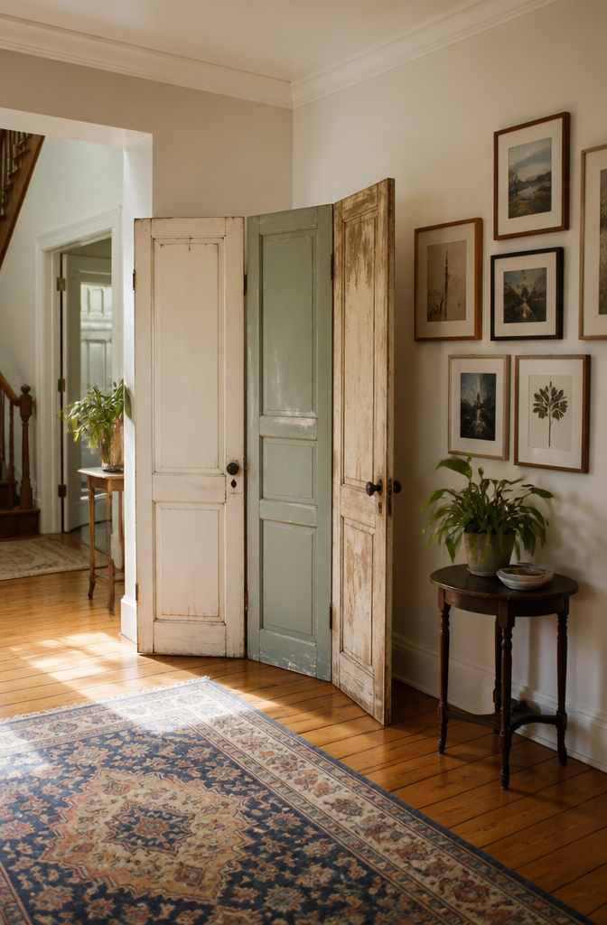 14 DIY Room Divider Ideas: Projects From Wallpaper to Wire 10 A folding screen made from three hinged vintage doors.
