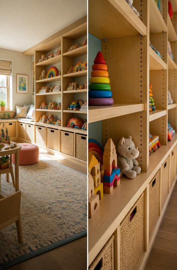 10 Toy Storage Ideas for Every Room (2026 Ideas That Work) 10 Custom-built shelves designed to accommodate children's toys and activities.